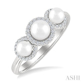 1/6 Ctw Past Present and Future 4 MM & 5 MM Cultured Pearl and Round Cut Diamond Halo Ring in 14K White Gold