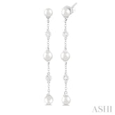 4 MM Round Shape Cultured Pearl and 1/20 Ctw Round Cut Diamond Station Long Earrings in 14K White Gold