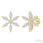 3/8 Ctw Floral Motif Marquise and Round Cut Diamond Fashion Stud Earrings in 14K Yellow Gold