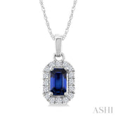 5x3 MM Octagonal Shape Sapphire and 1/20 Ctw Round Cut Diamond Halo Precious Pendant with Chain in 10K White Gold