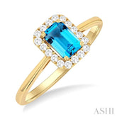 6x4 MM Octagonal Shape Blue Topaz and 1/6 Ctw Round Cut Diamond Halo Semi-Precious Ring in 10K Yellow Gold
