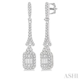 5/8 Ctw Long Baguette & Round Cut Diamond Earrings in 14K White Gold