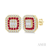 1/3 Ctw Octagonal Shape 1.25MM Round Cut Ruby, Baguette and Round Cut Diamond Fusion Precious Stud Earrings in 14K Yellow Gold