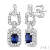 1/4 Ctw 4X3MM Octagon Shape Sapphire and Round Cut Diamond Halo Precious Link Earrings in 14K White Gold