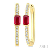 1/5 Ctw Emerald Cut 5X3MM Ruby and Round Cut Diamond Precious Hoop Earrings in 10K Yellow Gold