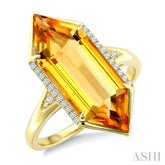 22X8 MM Hexagon Shape Citrine and 1/10 Ctw Round Cut Diamond Semi-Precious Ring in 14K Yellow Gold