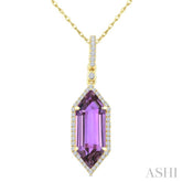 16X6 MM Hexagon Shape Amethyst and 1/5 Ctw Round Cut Diamond Semi-Precious Pendant With Chain in 10K Yellow Gold