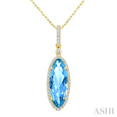 16X6 MM Oval Shape Blue Topaz and 1/5 Ctw Round Cut Diamond Semi-Precious Pendant With Chain in 10K Yellow Gold
