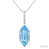 16X6 MM Hexagon Shape Blue Topaz and 1/10 Ctw Round Cut Diamond Semi-Precious Pendant With Chain in 10K White Gold