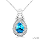 9X6MM Pear Cut Blue Topaz and 1/20 Ctw Round Cut Diamond Semi-Precious Pendant With Chain in Sterling Silver
