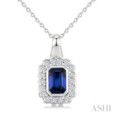 6X4 MM Octagon Shape Sapphire and 1/5 Ctw Round Cut Diamond Bold Precious Pendant With Chain in 10K White Gold