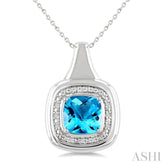 8 MM Cushion Shape Blue Topaz and 1/20 Ctw Round Cut Diamond Semi-Precious Pendant With Chain in Sterling Silver