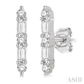 1/6 Ctw Solid Bar Baguette and Round Cut Diamond Petite Earrings in 10K White Gold