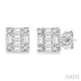 1/6 Ctw Square Shape Baguette and Round Cut Diamond Petite Fashion Earrings in 10K White Gold.