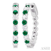 2.4 MM Round Shape Emerald and 5/8 Ctw Round Cut Diamond Precious Hoop Earrings in 14K White Gold