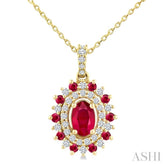 6X4 MM Oval Cut & 1.55 MM Round Cut Ruby and 1/4 Ctw Round Cut Diamond Floral Precious Pendant With Chain in 14K Yellow Gold