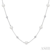 5 MM Round Shape Cultured Pearl and 1/4 Ctw Round Cut Diamond Station Necklace in 14K White Gold