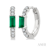 4X2 MM Baguette Cut Emerald and 1/8 Ctw Petite Round Cut Diamond Fashion Huggies in 10K White Gold