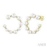 2.8 - 4.5 MM Round Shape Cultured Pearls and 1/5 Ctw Graduated Round Cut Diamond Half Hoop Earrings in 14K Yellow Gold