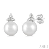 5.5 MM Round Cut Cultured Pearl and 1/20 Ctw Petite Round Cut Diamond Fashion Stud Earrings in 10K White Gold
