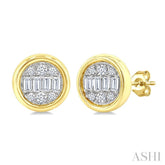 1/5 Ctw Petite Bezel Set Round Shape Fusion Baguette and Round Cut Diamond Fashion Stud Earrings in 10K Yellow Gold