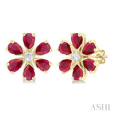 4X3 MM Floral Blossom Pear Cut Ruby and 1/10 Ctw Round Cut Diamond Precious Stud Earrings in 14K Yellow Gold