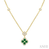 2.4 MM Round Shape Emerald and 1/4 Ctw Clover Round Cut Diamond Station Necklace in 14K Yellow Gold