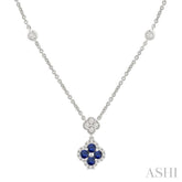 2.4 MM Round Shape Sapphire and 1/4 Ctw Clover Round Cut Diamond Station Necklace in 14K White Gold