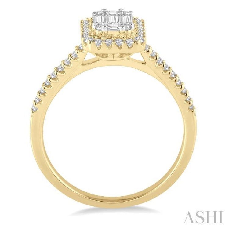 5/8 Ctw Emerald Shape Baguette and Round Cut Diamond Ring in 14K Yellow and White Gold