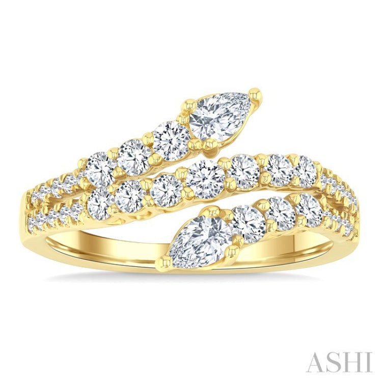 1 Ctw Split Three-Arm Bypass Pear and Round Cut Diamond Fashion Band in 14K Yellow Gold