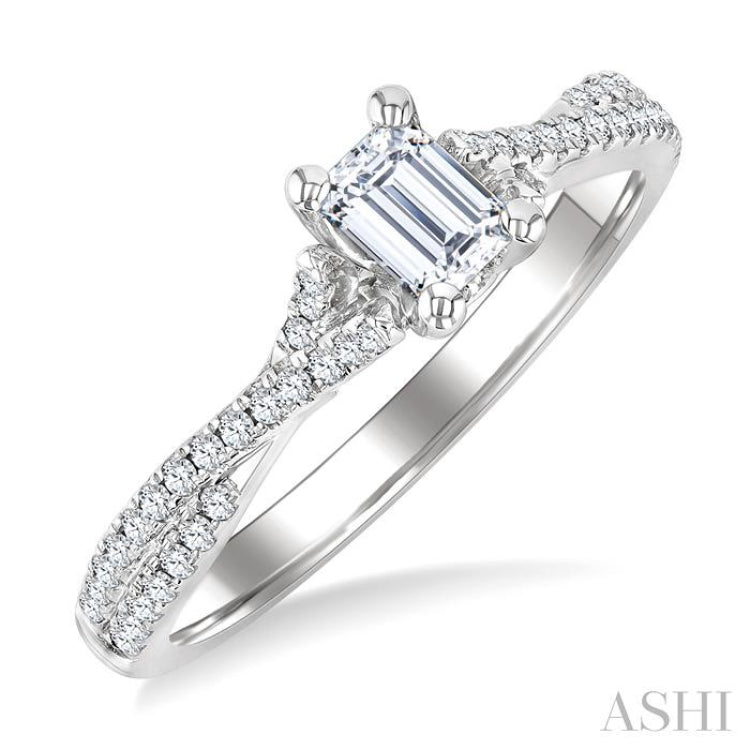 1/2 Ctw Criss Cross Shank Round Cut Diamond Engagement Ring With 1/3 Ct Emerald Cut Diamond Center Stone in 14K White Gold
