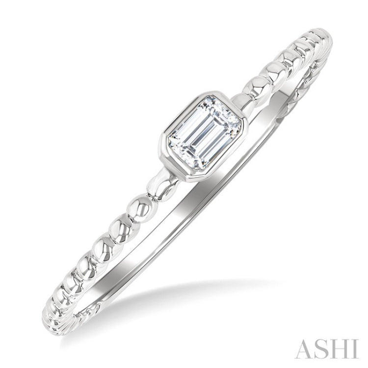 1/6 Ctw Ball Bead East-West Bezel Set Emerald Cut Diamond Stackable Petite Fashion Ring in 14K White Gold