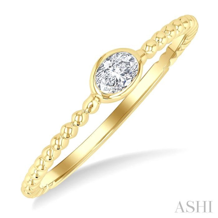 1/6 Ctw Ball Bead East-West Bezel Set Oval Cut Diamond Stackable Petite Fashion Ring in 14K Yellow Gold