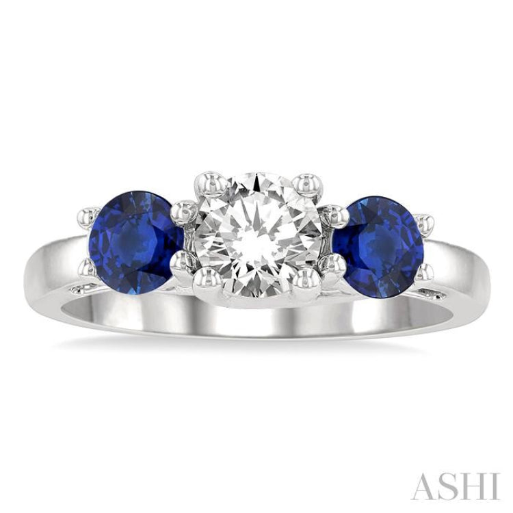 4.65 MM Round Shape Sapphire and 3/4 Ctw Past, Present and Future Round Cut Diamond Precious Ring in 14K White Gold