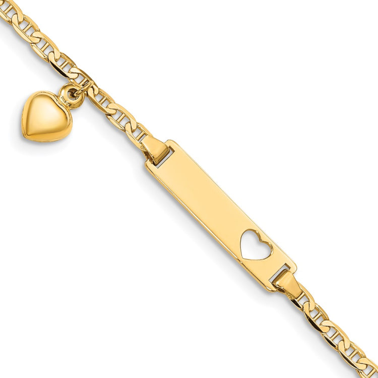 14k Polished Solid Chain/Solid Plate Cut-out Heart with Heart Dangle Anchor Link 22x5mm Plate 6 inch Baby/Child ID Bracelet