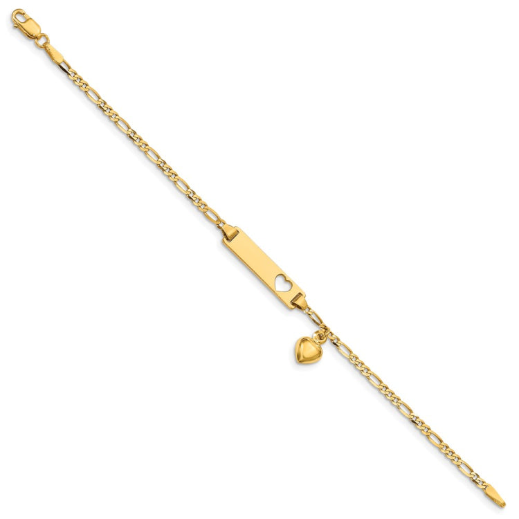 14k Polished Solid Chain/Solid Plate Cut-out Heart with Heart Dangle Figaro Link 21x5mm Plate 6 inch Baby/Child ID Bracelet