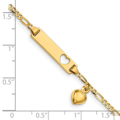 14k Polished Solid Chain/Solid Plate Cut-out Heart with Heart Dangle Figaro Link 21x5mm Plate 6 inch Baby/Child ID Bracelet