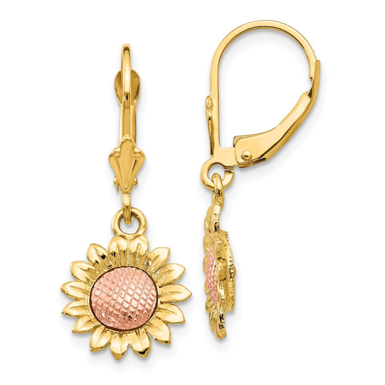 14k Two-tone Polished Sunflower Dangle Leverback Earrings