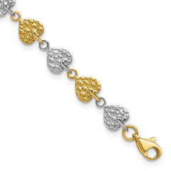 14K Two-tone Hammered Hearts 7 inch Bracelet