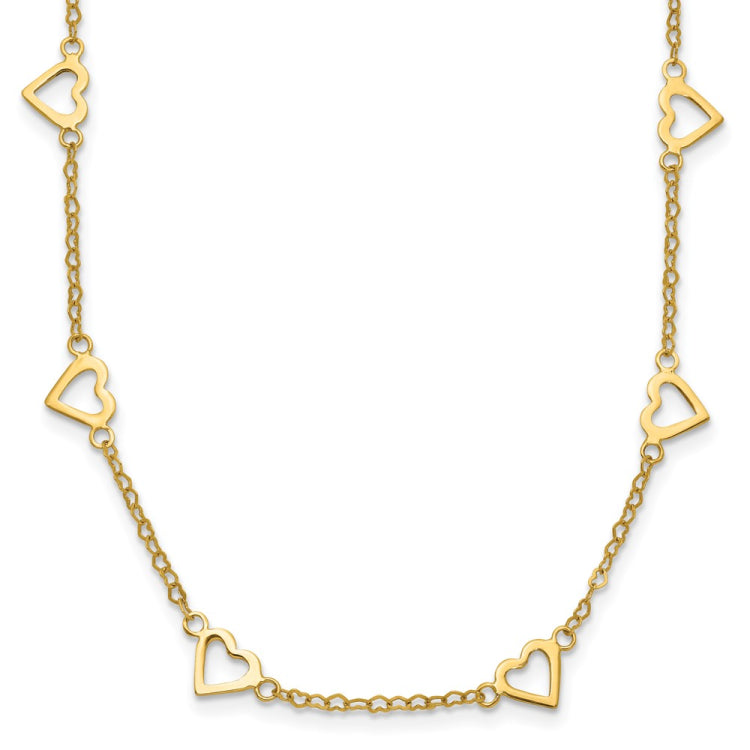 14k Polished Open Hearts with Heart Link Chain 18 inch Station Necklace