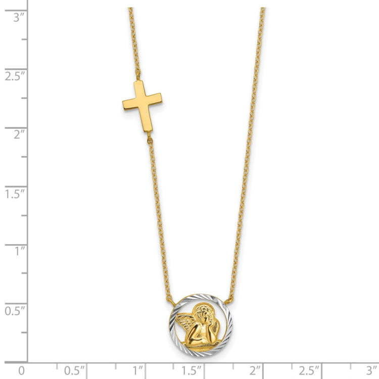 14k and White Rhodium Diamond-cut Angel and Cross 17 inch Necklace