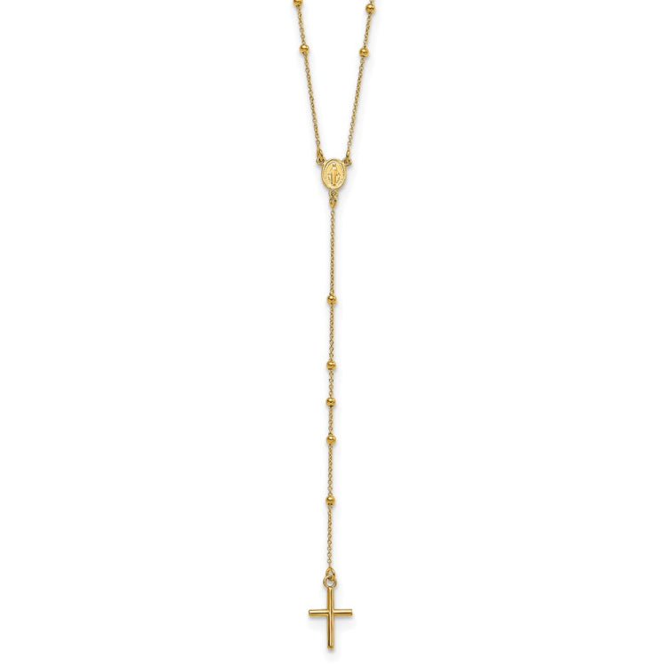 14k Polished Cross and Miraculous Medal Beaded 24 inch Rosary Necklace