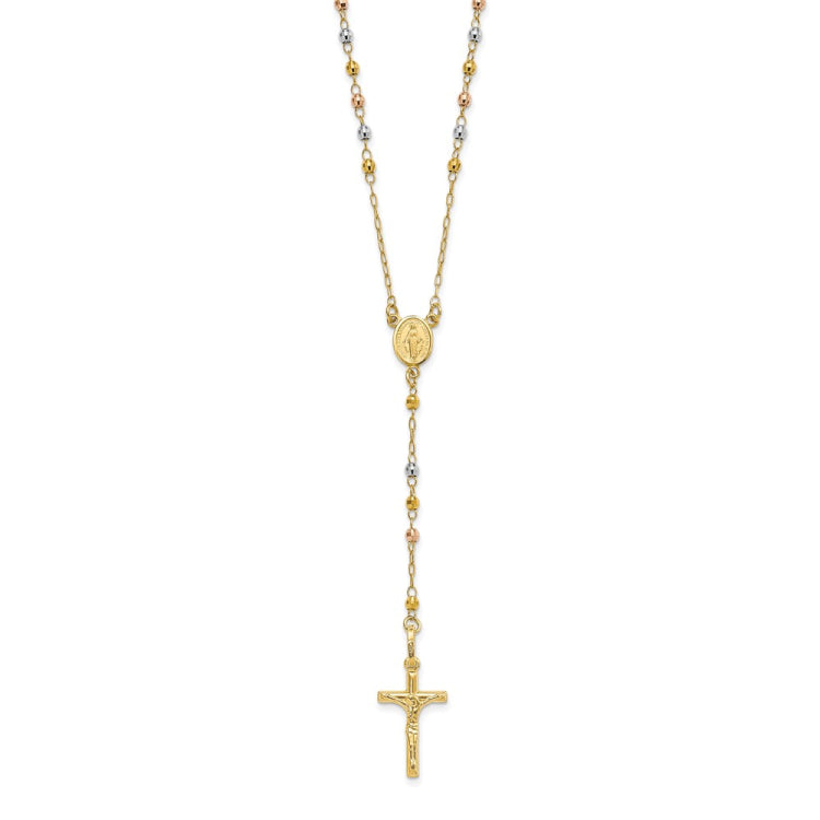 14K Tri-color Polished Crucifix and Miraculous Medal with Faceted Beads 24 inch Rosary Necklace