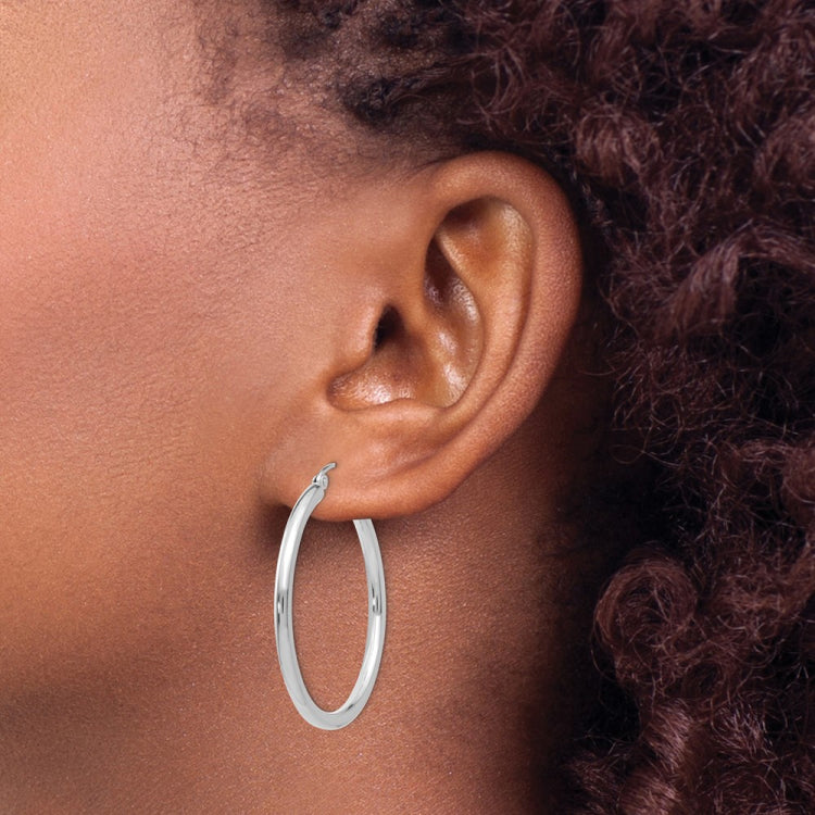 14K White Gold 2.5x35mm Polished Lightweight Tube Hoop Earrings