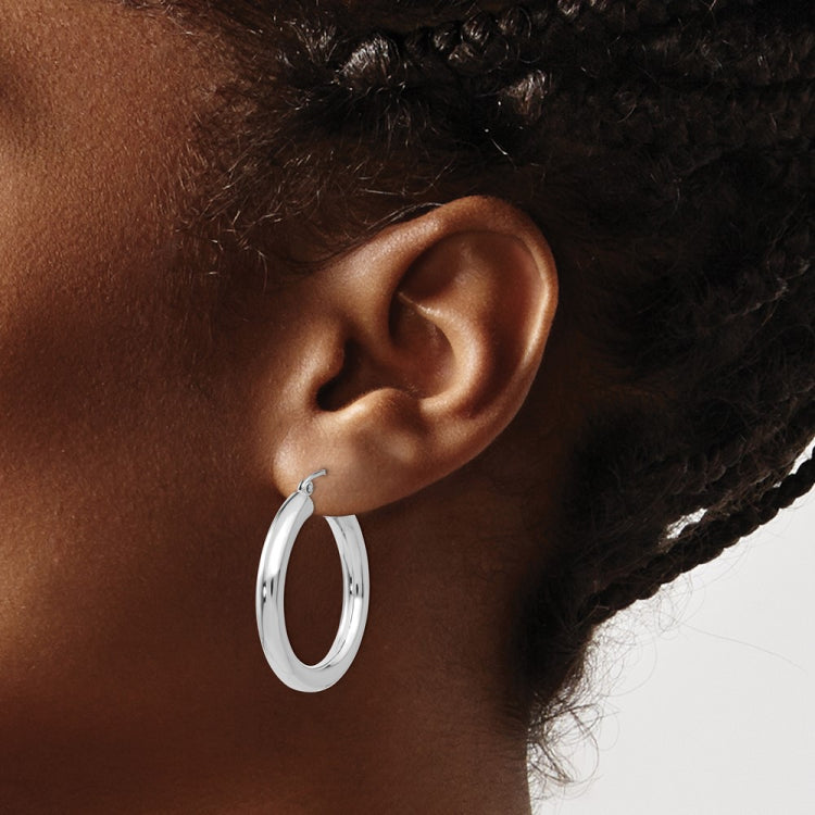 14K White Gold 4x30mm Polished Lightweight Tube Hoop Earrings