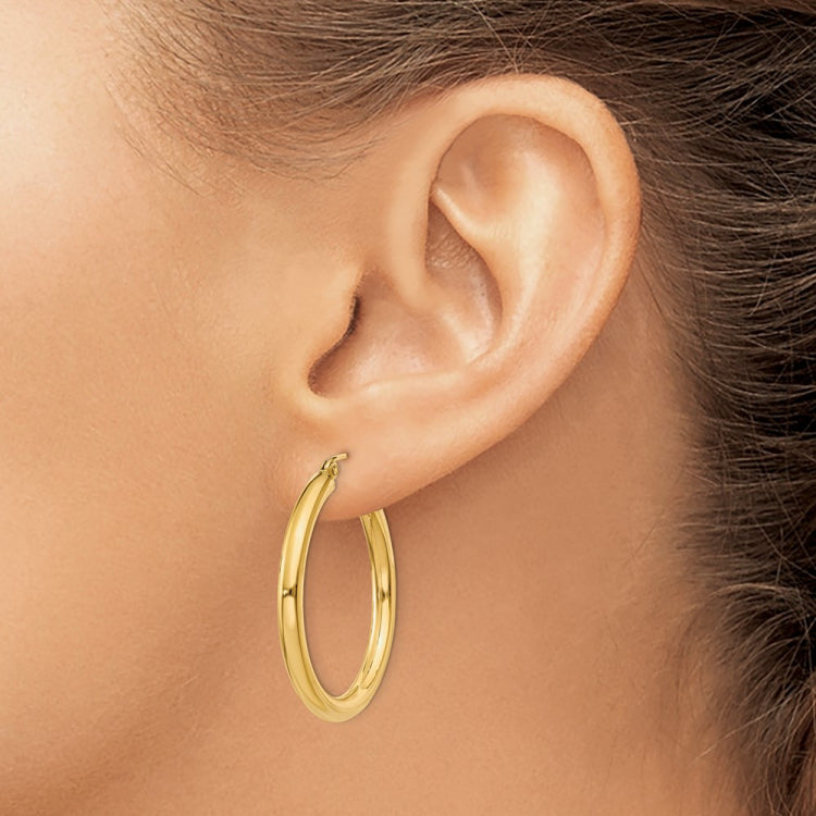 14K 3x30mm Polished Lightweight Tube Hoop Earrings