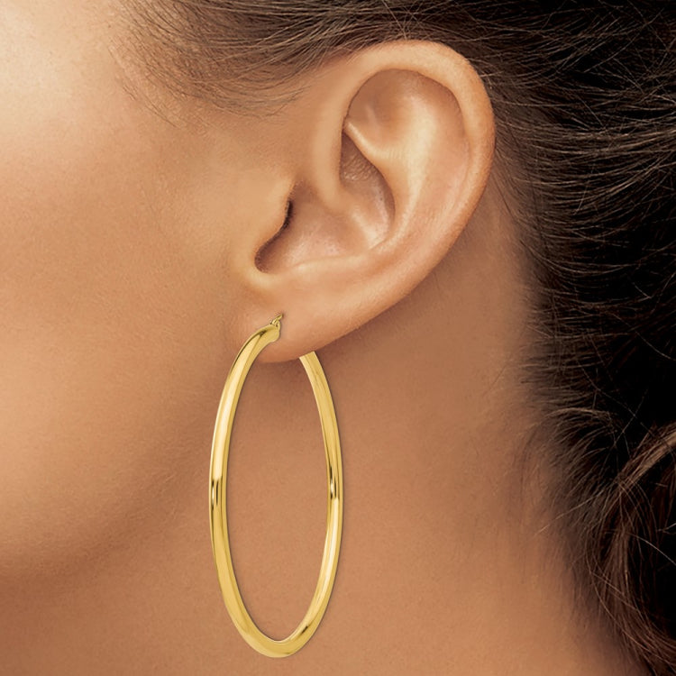 14K 3x60mm Polished Lightweight Tube Hoop Earrings
