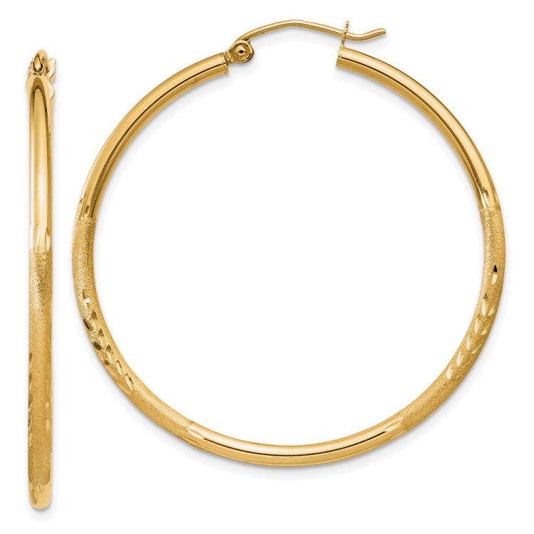 14k 2x40mm Satin Diamond-cut Round Tube Hoop Earrings