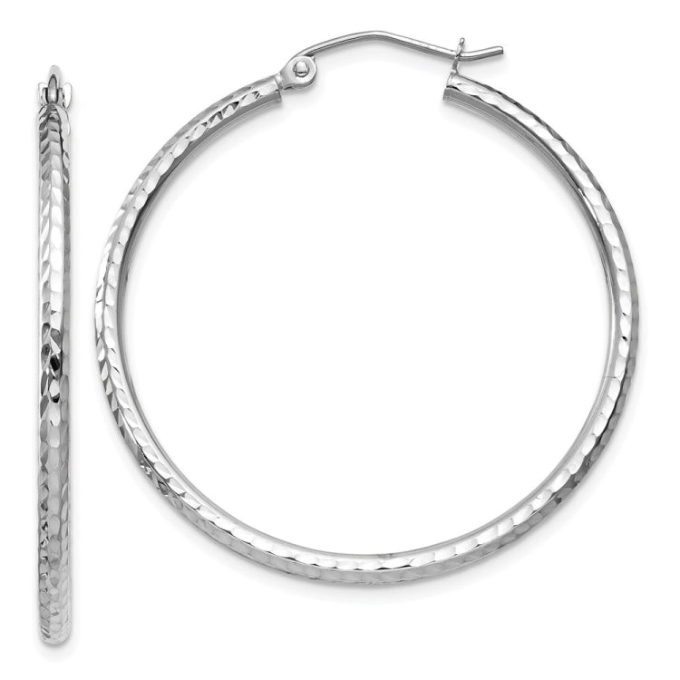 14k White Gold 2x35mm Diamond-cut Round Tube Hoop Earrings