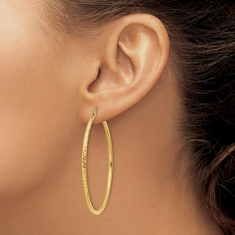 14k 2x50mm Diamond-cut Round Tube Hoop Earrings